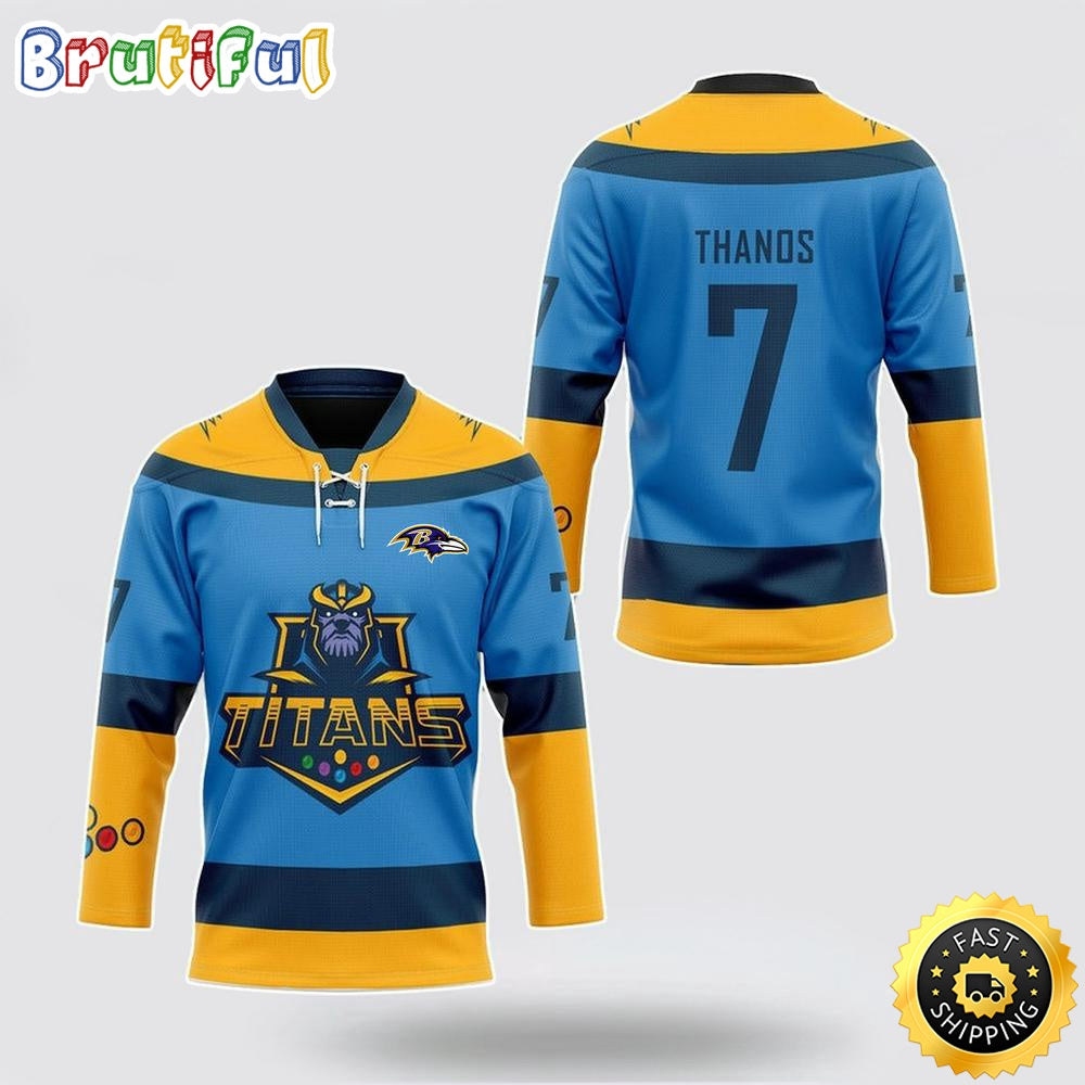 Personalized NFL Baltimore Ravens Hockey Jersey Thanos Marvel Titan Nfl Hockey Jersey For Fans