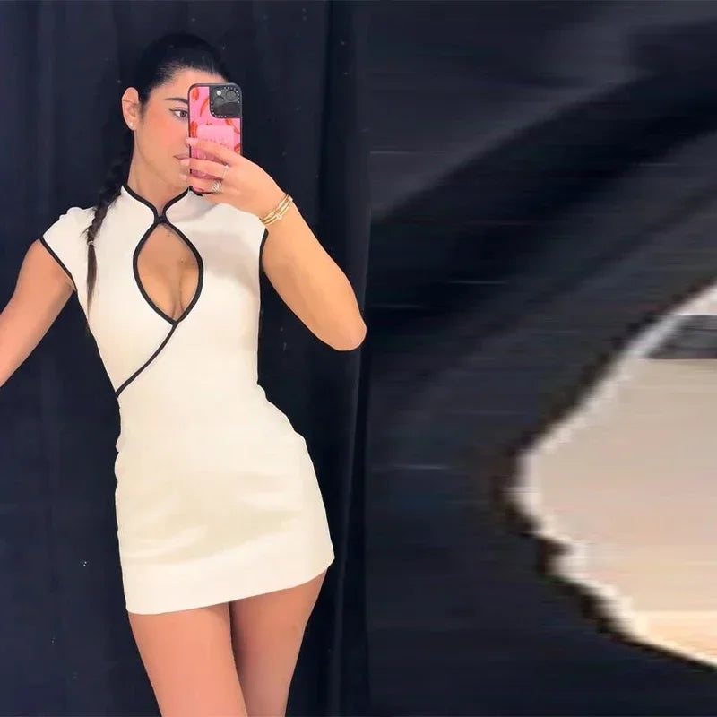 Sexy Slim Hollow Out Dress Women Contrast Sleeveless Waist-Closed Mini-Dresses Female 2026 Spring Summer Fashion Lady Robe